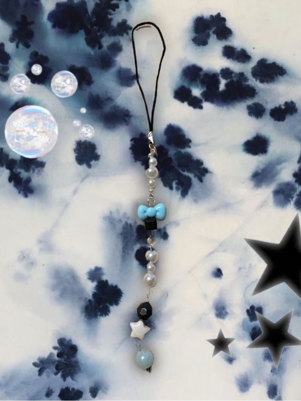 Pearl Bead Charm Phone Strap with Blue Bow - Accessories